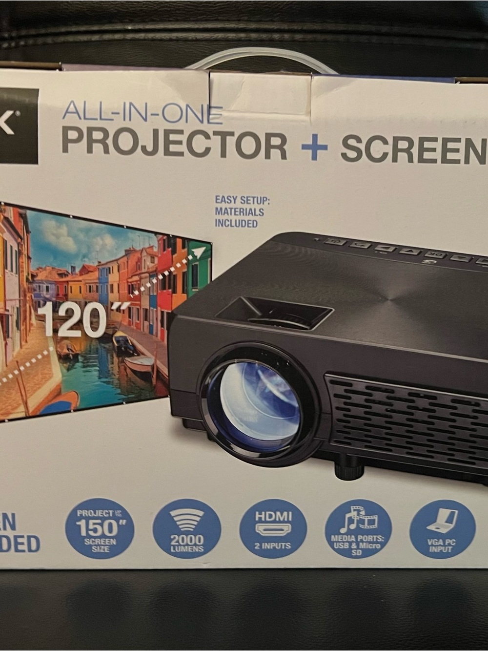 GPX All-In-One Projector Screen Kit Bluetooth Extra Bright Screen 2000 Lumens